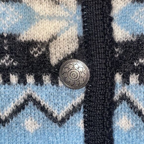 Vintage Blue Nordic Snowflake Wool Cardigan Button Front Tally-Ho M 80s 90s - Picture 5 of 10